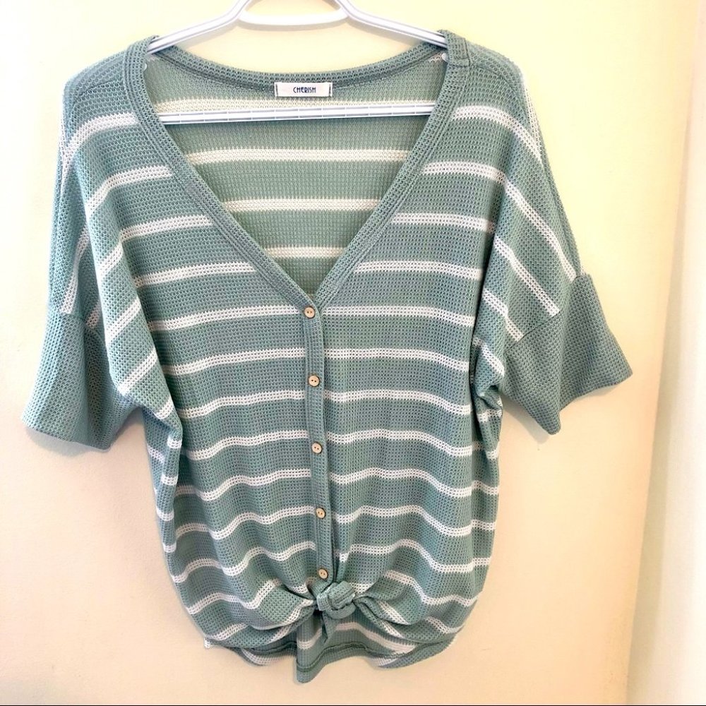 Cherish Seafoam Green and White Striped Short Sleeve Button-Front Top